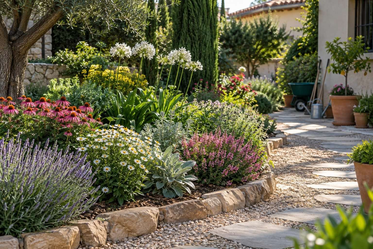 Cómo diseñar un parterre de flores equilibrado y fácil de mantener — Imagen 1 Parterre floral doméstico con grupos de flores de distintas alturas junto a un sendero