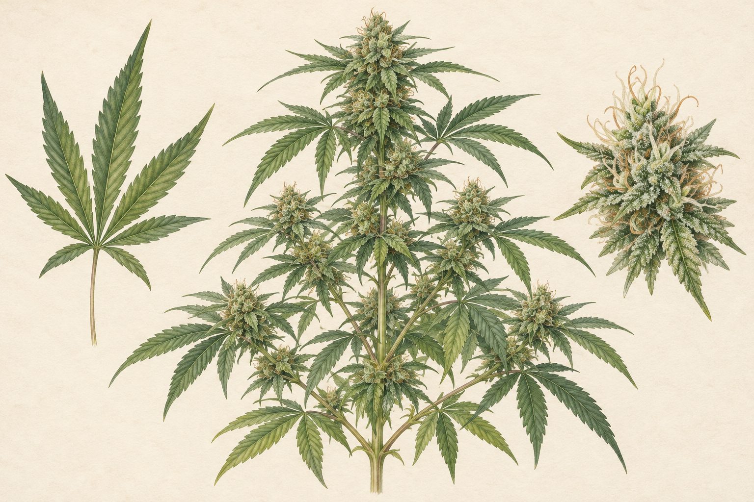 Lámina botánica de cannabis con hojas e inflorescencias Ilustración botánica de una planta de cannabis con detalles de una hoja palmada y una inflorescencia.